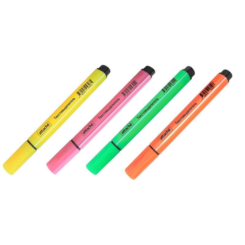 Набор маркеров текстовыделителей Attache (толщина линии 1-4 мм, 4 цвета: розовый, желтый, зеленый, оранжевый)